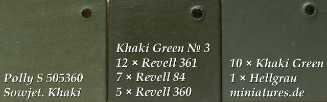 »Khaki Green № 3« getönt mit 10 % Hellgrau im Hinblick auf die Luftperspektive. Polly Scale 505360 »Sowjetisches Khaki« entspricht ziemlich gut dem getönten »Khaki Green № 3«.