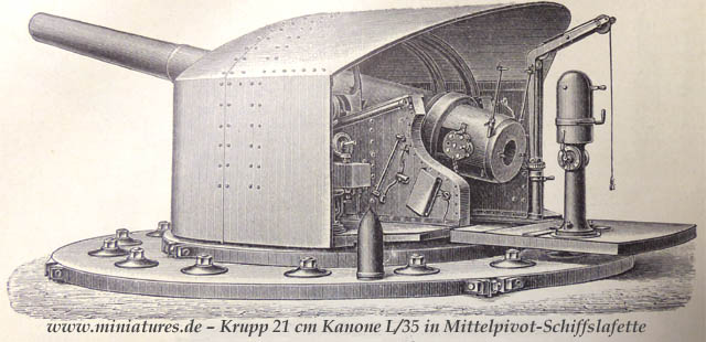 Krupp 21 cm Kanone L/35 in Mittelpivot-Schiffslafette.