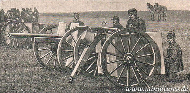 Fig. 2. Französisches Schnellfeuerfeldgeschütz C/97 und Munitionswagen mit Panzerschilden.